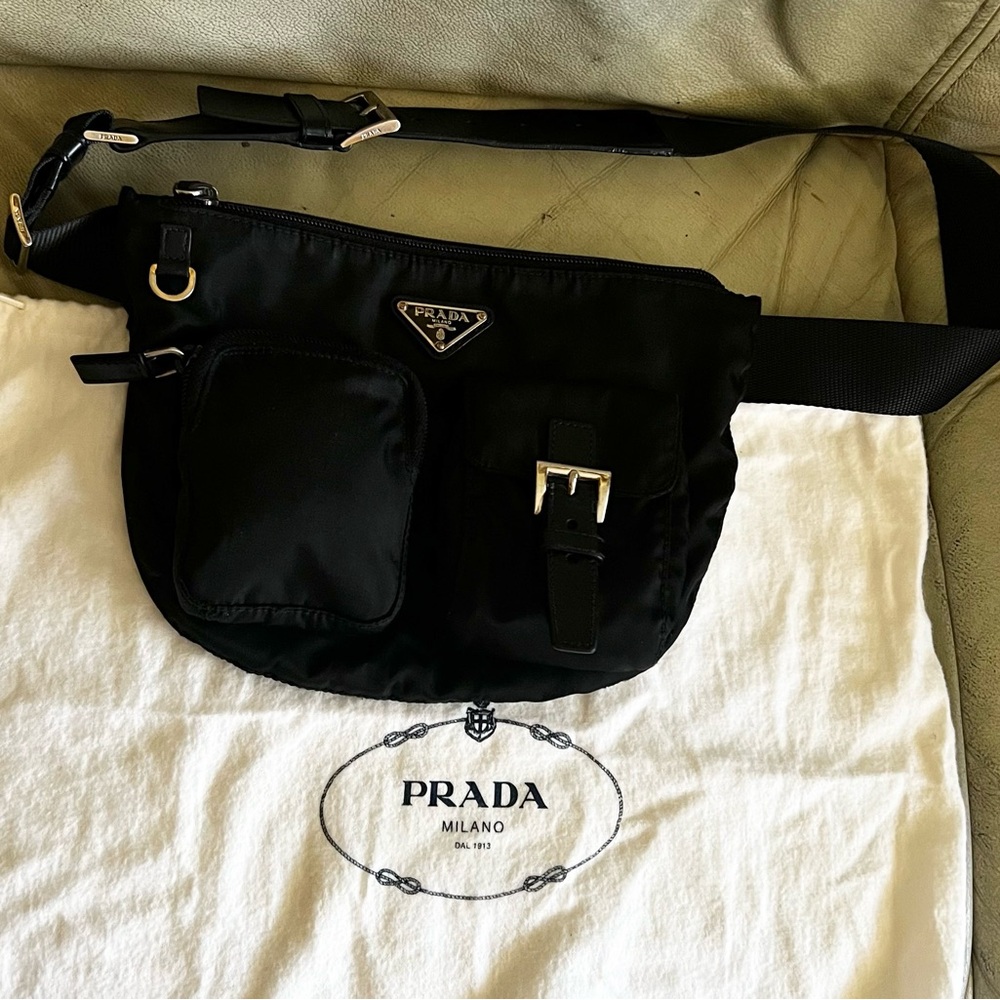 Authentic Prada Tessuto Multi Pocket Black Belt Bag Made In Italy